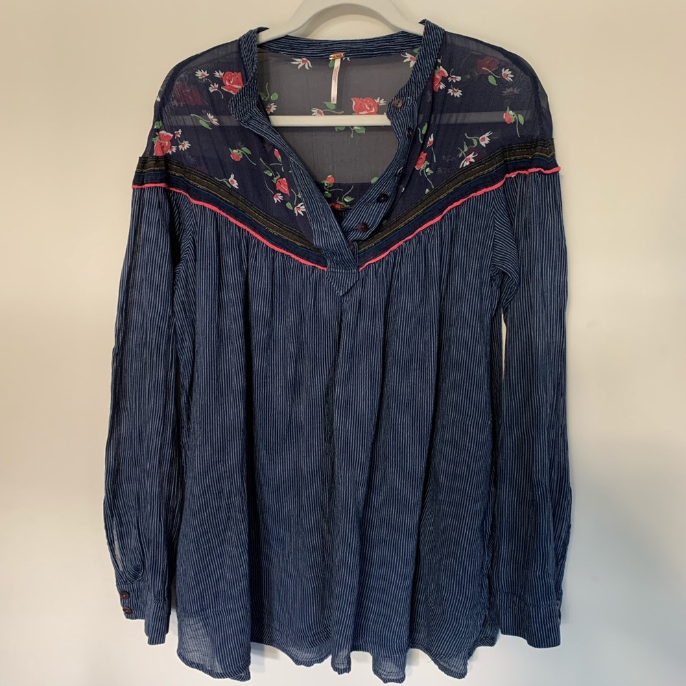 Free People Blue Striped Blouse, Size Small